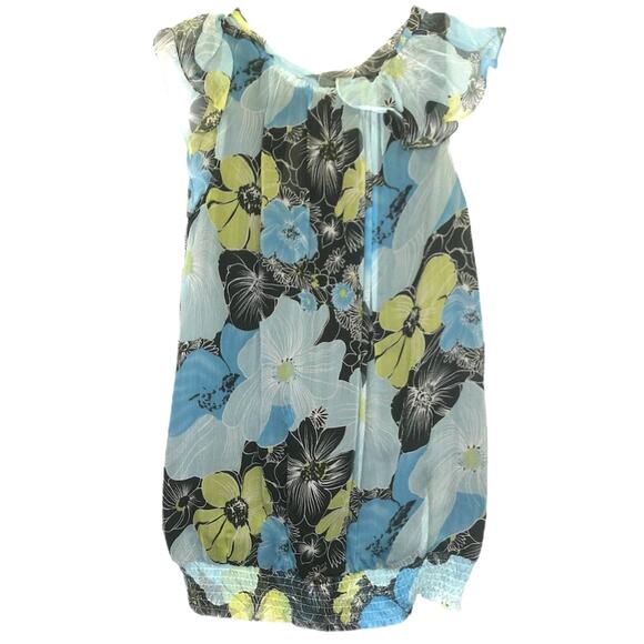 Bellatrix 100% Silk Sheer Blue  Yellow Floral Ruffle Cap Short Sleeve Top L - Picture 2 of 4
